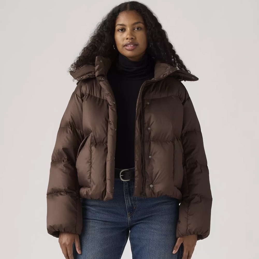 Levi’s Brown Hooded Cropped Puffer Jacket Women’s M NWT Warm Winter Coat